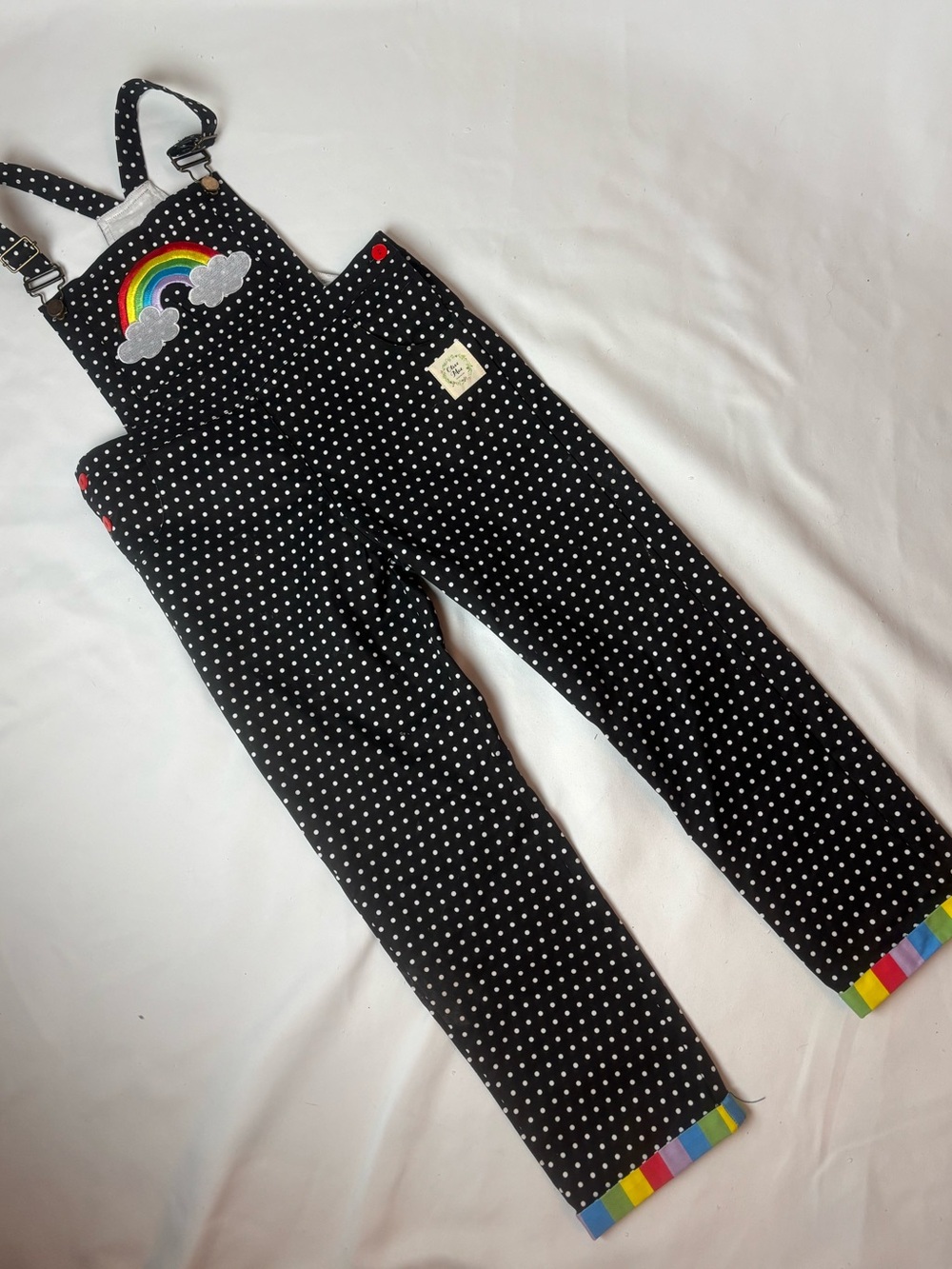 NWOT Olive Mae Coverall Overall Black White Polka Dot Rainbow Appliqué Sz 10